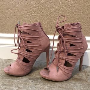 Mauve lace up heeled booties